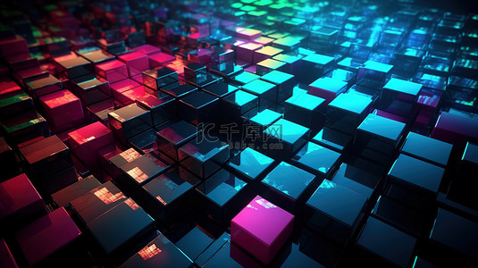 科幻背景与抽象 3D 渲染中的彩色方块