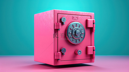 蓝色背景 3D 渲染双色调风格粉色保险库，带安全码