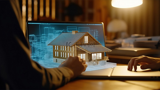 技术交流背景图片_技术与建筑的协作 一个人在办公桌前使用笔记本电脑工作，屏幕上显示 3D 模型房屋