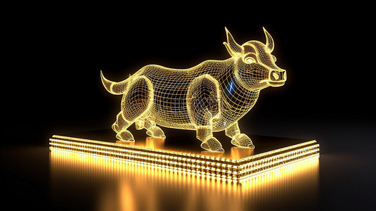 具有发光对角荧光光反射的牛生肖金条堆的 3D 渲染