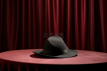 红色的帽子背景图片_桌子上放着一顶魔术师的帽子，桌子上有红色条纹的窗帘