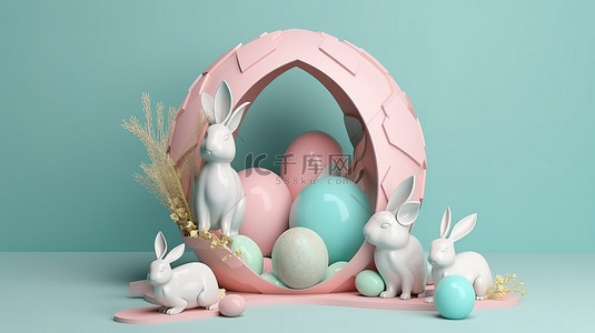 复活节主题的 3D 产品展示台装饰着兔子和鸡蛋
