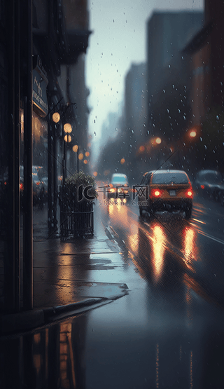 车背景图片_车楼房下雨的街道城市背景