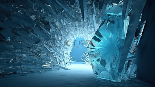 冬季背景图片_令人印象深刻的冰层形成巨大的 3D 墙，由破裂的蓝色水晶冰柱组成，具有神秘的开口