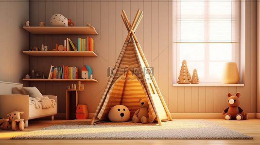 酒店背景图片_3D 渲染温馨宜人的儿童房内部，灯光柔和