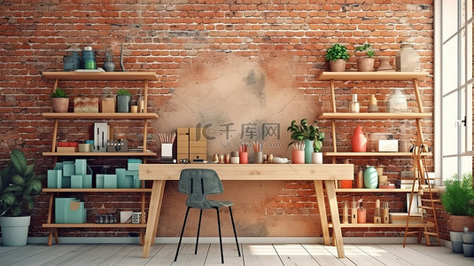砖墙背景家庭办公室展示工艺桌，配有油漆工具和充足的复制空间 3D 渲染