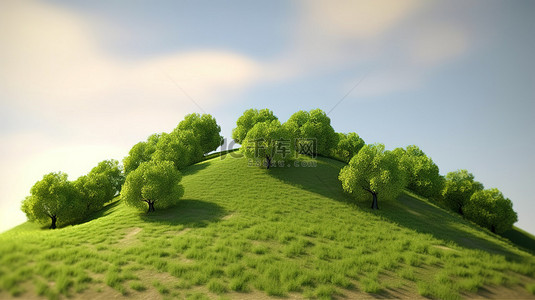 草地树林风景背景图片_在 3D 渲染中栩栩如生的小树林山顶