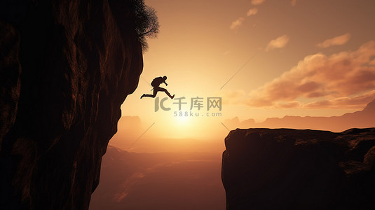 3D 景观渲染展示男性在悬崖之间跳跃的剪影