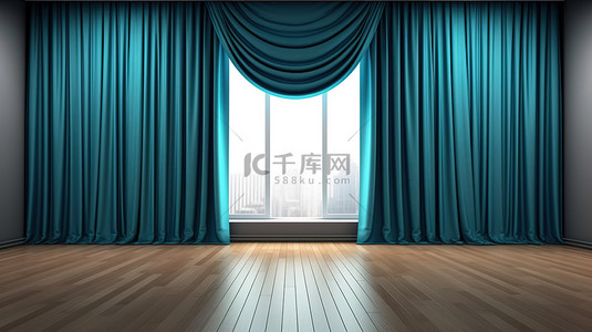 木地板剧院或家庭影院室，配有蓝色窗帘，逼真的 3D 渲染