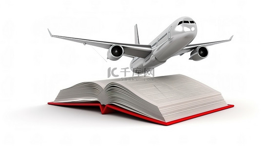 标志旅行背景图片_3d 渲染白色背景与书现在交通标志和客机飞得很高