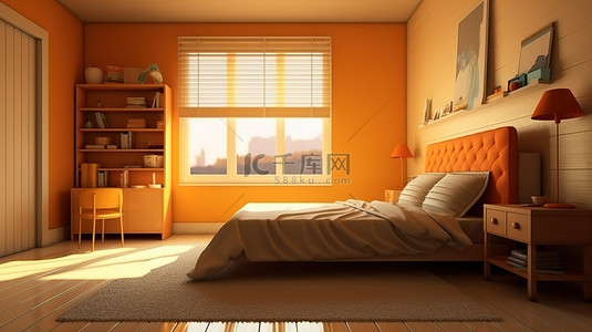 舒适卧室的 3D 渲染，配有床桌窗和门