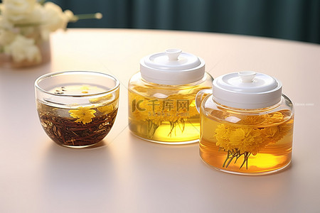 绿茶背景图片_玻璃杯绿茶茶罐用柠檬和蜂蜜
