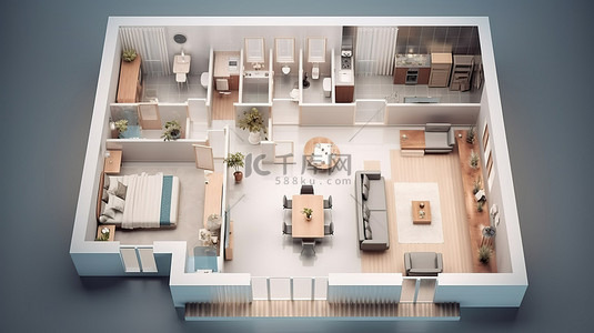 房屋公寓平面图的 3d 渲染