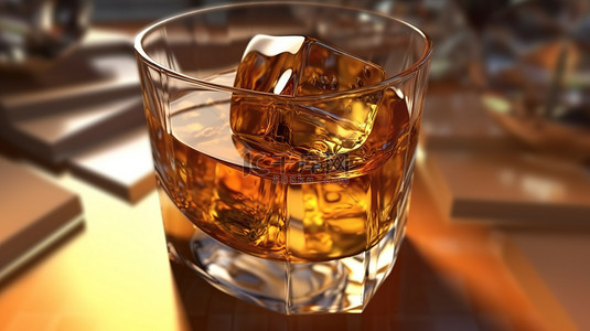威士忌背景图片_威士忌酒杯，配有多汁饮料冰块，用于派对娱乐 3D 渲染