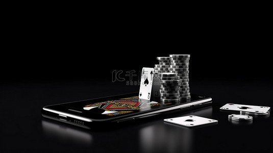 纸牌背景背景图片_3d 黑色背景赌场，配有电话屏幕和在线赌博的可用空间