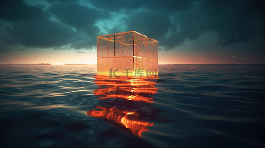 未来派 3D 艺术作品，其中发光的立方体悬停在海洋上