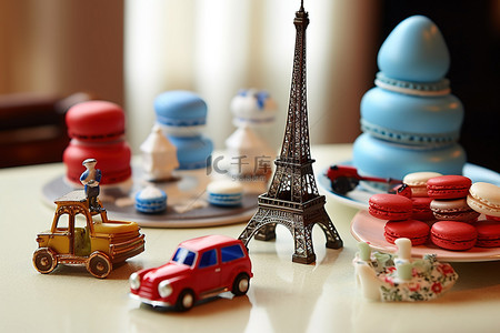 摩托车白模背景图片_桌子上装饰着巴黎主题的物品和玩具