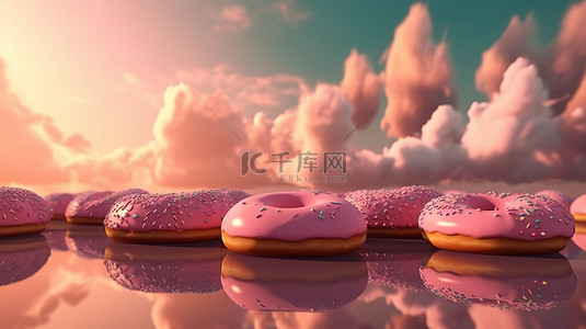糖糕背景图片_粉红色天空中的卡通甜甜圈 3D 呈现的喜悦