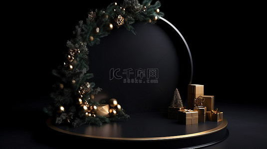 黑色背景与 3d 讲台和圣诞主题圆形框架