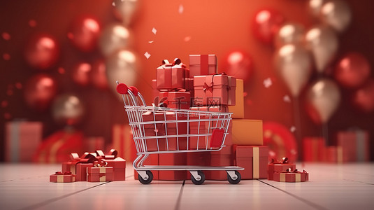 3D 渲染超级销售黑色星期五新年快乐和圣诞节与购物车和礼品盒
