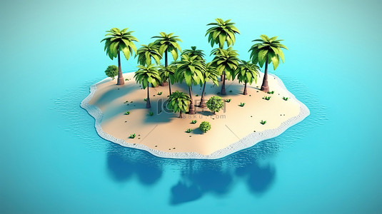 度假背景图片_宁静的热带岛屿海滩的 3D 等距视图，拥有棕榈树和清澈的海水，非常适合旅行和度假
