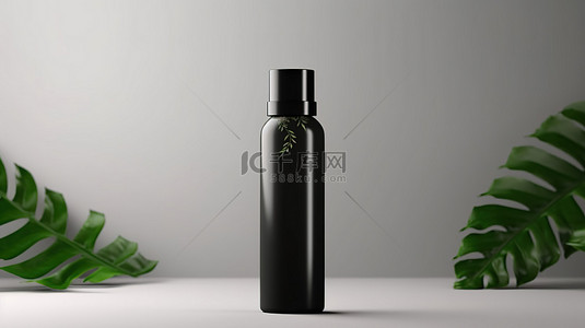带白色标签和装饰树叶的大型黑色 vape 血清化妆品瓶的 3D 插图
