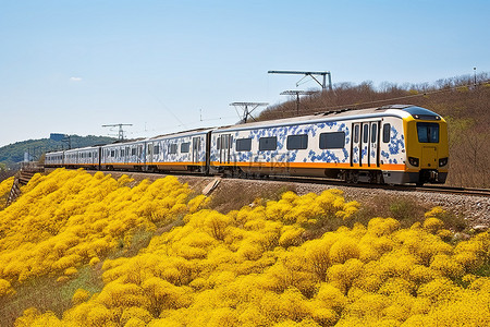 火车行驶在金黄色花朵盛开的铁轨上