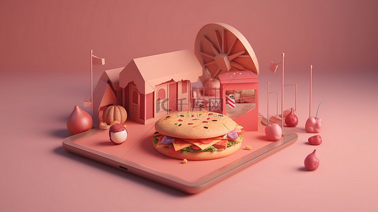 汉堡店背景图片_移动 3D 插图在线订购食物并接收披萨和汉堡的送货服务
