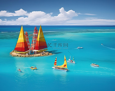 夏威夷花边背景图片_色彩缤纷的帆船和滑水道