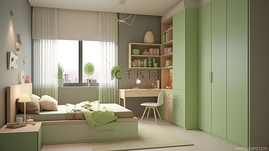 男孩衣柜背景图片_现代浅绿色床和衣柜，适合 3D 渲染的舒适儿童房