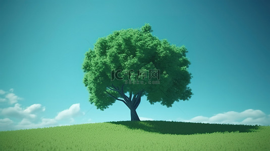 蓝色背景上郁郁葱葱的绿树与绿草的自然之美 3d 渲染