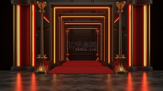 黑色和金色柱子红地毯入口天鹅绒绳索和障碍物中金色框门的 3D 渲染