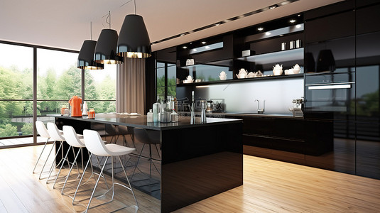 时尚时尚的厨房，配有黑色 Maramor 酒吧 3D 渲染