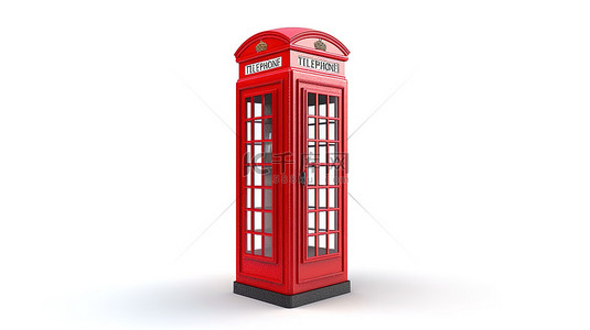 带有标志性英国红色电话亭的白色背景的 3D 渲染