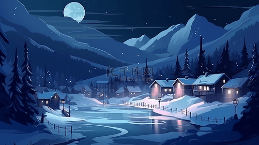圣诞背景背景图片_冬季夜晚山脚下小镇温馨背景
