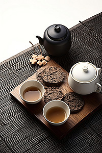 茶杯子背景图片_棕色垫子上的三种杯子和茶壶