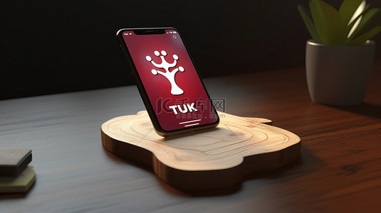 手机背景图片_智能手机上显示的 tik tok 应用程序徽标在木桌上的 3d 渲染中