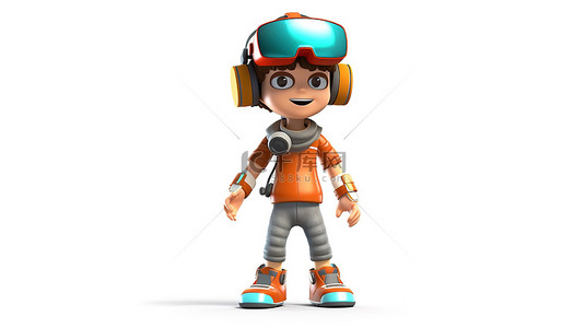 游戏背景图片_一个异想天开的 3D 描绘，描绘了一个戴着 VR 头盔的卡通年轻人，获得身临其境的体验