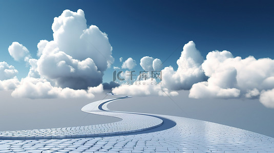 创新的广告设计，带有云隔离弯曲道路的 3D 插图