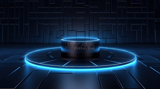背景为蓝色灯光和瓷砖地板的深色讲台的 3D 渲染
