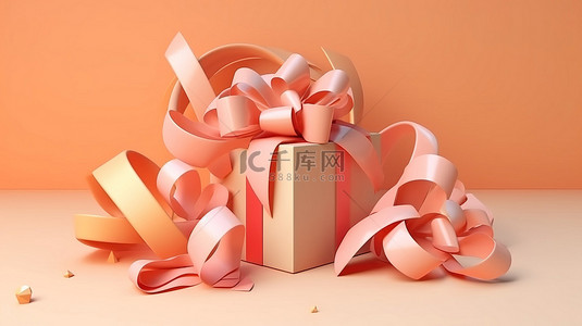 卡通蝴蝶结丝带背景图片_带丝带和蝴蝶结的彩色封闭式礼品盒 3D 渲染淡橙色卡通，适合现代节日和生日
