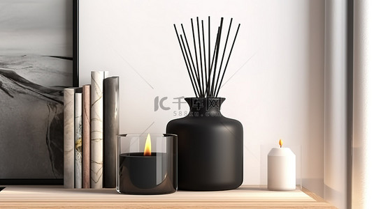 木架上配有黑色香薰蜡烛和香薰芦苇扩散器，营造出舒适的家居氛围