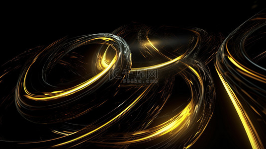 黑黄背景图片_螺旋运动抽象黑色背景与 3D 渲染中的黄线