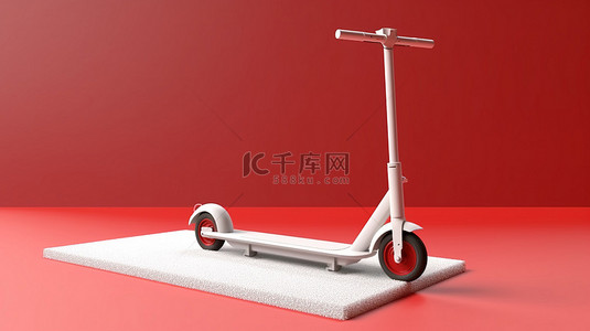 胜利的想法白色当代生态友好的电动滑板车在红地毯上与人群控制绳在 3d 创建的空白画布上