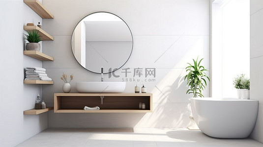 浴室背景图片_现代简约浴室，配有圆形镜柜和 3D 渲染容器水槽