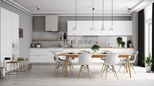 复古简约时尚背景图片_白色用餐区与 3D 渲染中时尚的斯堪的纳维亚复古简约厨房相得益彰