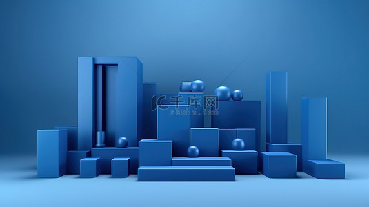 简约几何场景背景图片_几何形状排列在简约的蓝色场景 3D 渲染中