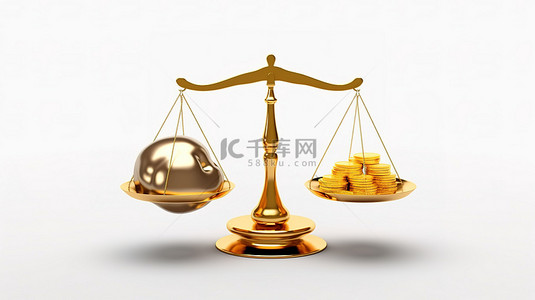 符号钱背景图片_大脑和金色美元符号的 3D 渲染在白色背景下的权重尺度上保持平衡