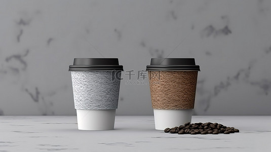 灰色背景下的咖啡杯和杯子样机的 3D 渲染，用于外卖订单