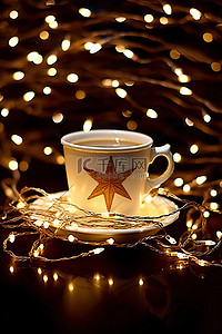 灯串下有星星的咖啡杯